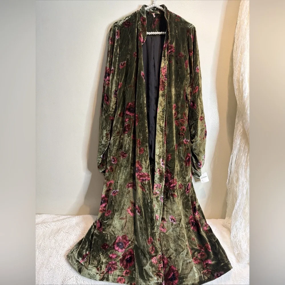 FREE PEOPLE Printed Dhalia Velvet Duster Ruched Tassels Sleeve Longline Jacket M - Picture 3 of 7